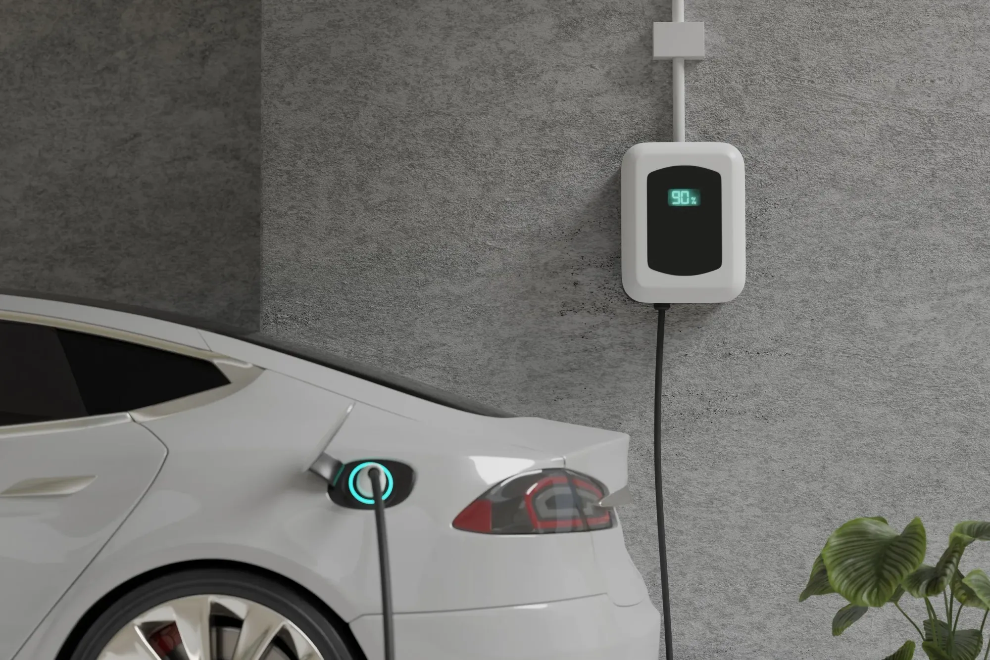 A white electric car charging from a wall-mounted charger